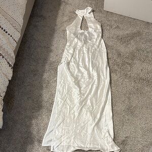 For Love & Lemons White Satin Backless Halter Maxi Dress